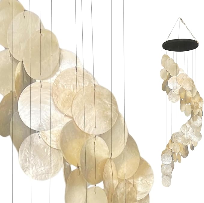 Bellaa 24537 Wind Chimes Outdoor, Garden Decorations, Musical, Indoor/Outside Windchimes, Beach, Ocean Breeze, Gifts for Mom, Gift for All Occasions, Capiz Sea Glass Shells Wood 27 inch White Gold