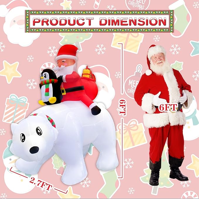 6FT Christmas Inflatable Santa Riding Polar Bear with Penguin Decorations, LED Light Up & Built-in Speaker, Blow Up Outdoor Indoor Xmas Yard Decor for Lawn Garden Party Holiday Season