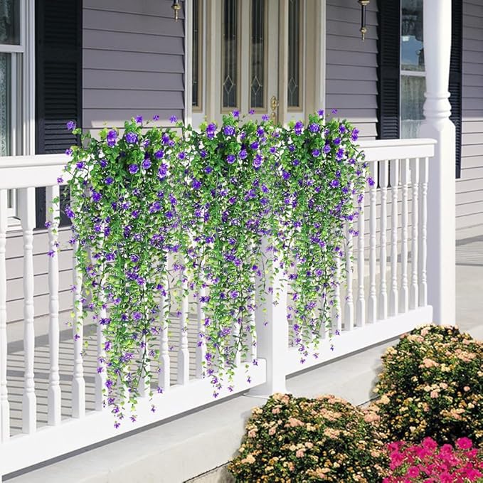 Artificial Hanging Flowers, 3 Pcs Fake Hanging Plants Decor, Artificial Vines for Outdoors, UV Resistant No Fade Artificial Fake Hanging for Indoor Decoration Outdoor Porch Courtyard (Purple)