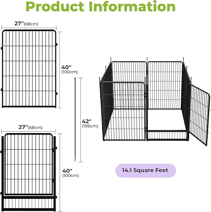 SunsGrove Tall Garden Fence with Gate, 40 in(H) x 17.8 ft(L) 8 Panels Heavy Duty Metal Animal Barrier Fence for Yard, Suitable for Indoor or Outdoor Dog Pet Fence, Garden Fence Border, Black