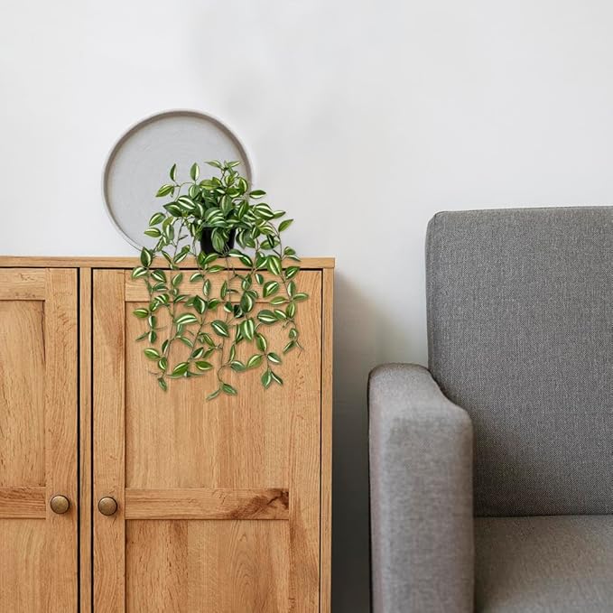2 Pack Fake Hanging Plants for Shelf in Back Pot, Small Artificial Hanging Ivy Vine Plants Indoor Fake Potted Greenery Plant Decor Room Bathroom Wall End Table Mimi Faux Wandering Jew Plant Set