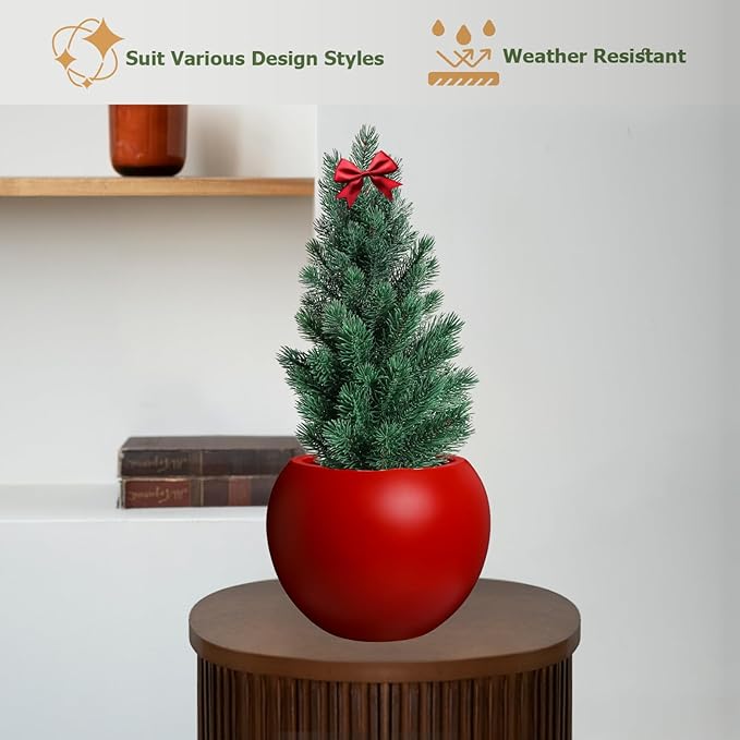 9.7" H x 12" D Globo Fiberstone Round Planter - Christmas Tree Planter, Smooth Finish, Weather Resistant for Indoor & Outdoor Use, Included 2 Extra Coco Mats (Red, 7.8" Pot Opening)