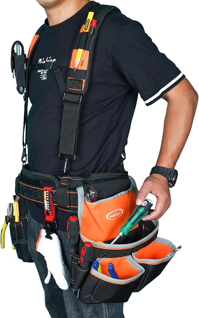MELOTOUGH Pro Framer Combo System Tool Belt with Suspenders Construction Tool Pouch Builder Heavy Duty Carpenter Suspension Rig Tool Belt and Multi Function for electrician, roofing,contractor