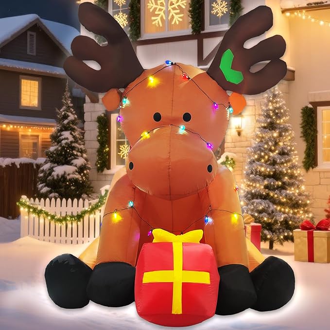 Christmas Inflatable Outdoor Decorations, 8 FT Giant Inflatables Reindeer Yard Decor with Colorful String Lights, Blow up LED Lights Holiday Decorations for Indoor Outside Lawn Garden