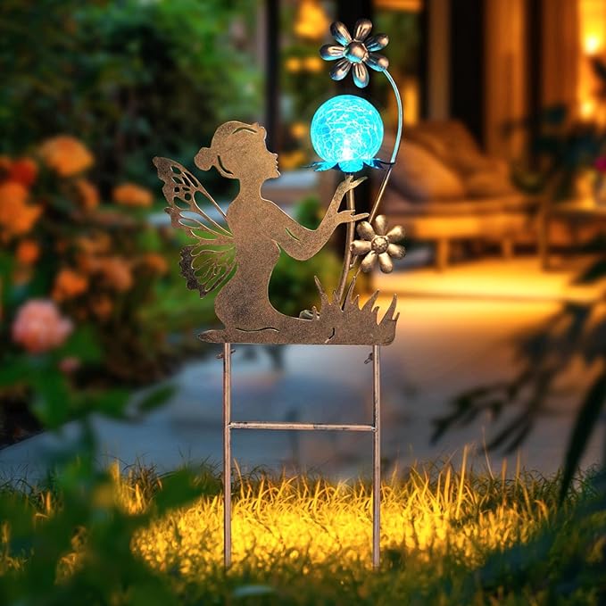 HONGLAND Fairy Solar Lights Garden Decor for Outside, Fairy Figurine Moon Lights Stake Housewarming Gifts for Patio Lawn Yard Pathway Outdoor Home Decor- Unique Gardening Gifts for Women Mom Grandma