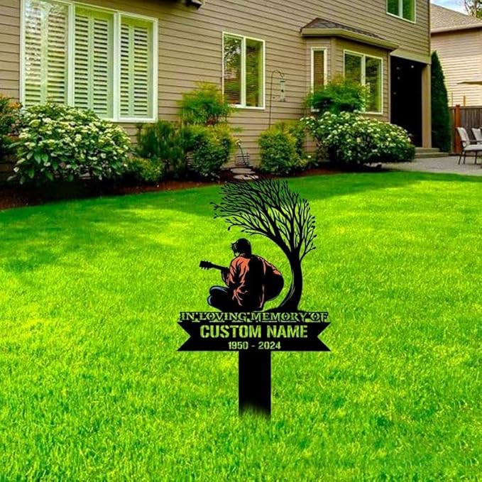 Custom Guitarist Memorial Metal Stake – Personalized Artist Grave Marker, Musician Garden Stake, Yard Outdoor Decor (Man Playing Guitar Memorial)
