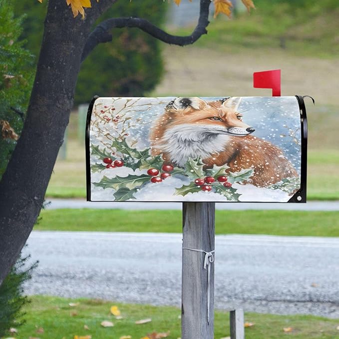 SUABO Mailbox Cover Fox Holly Berry Standard Magnetic Mailbox Covers Wraps for Christmas Home Yard Garden Decor