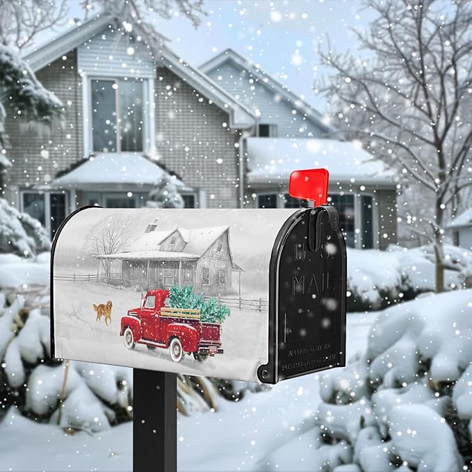 Winter Mailbox Cover Red Truck Snowflake Oversize Mailbox Wrap with Magnetic Strip Christmas Dog Snowy Letter Post Box Cover Decoration Welcome Home Outdoor Large Size 25.5" Lx 21" W
