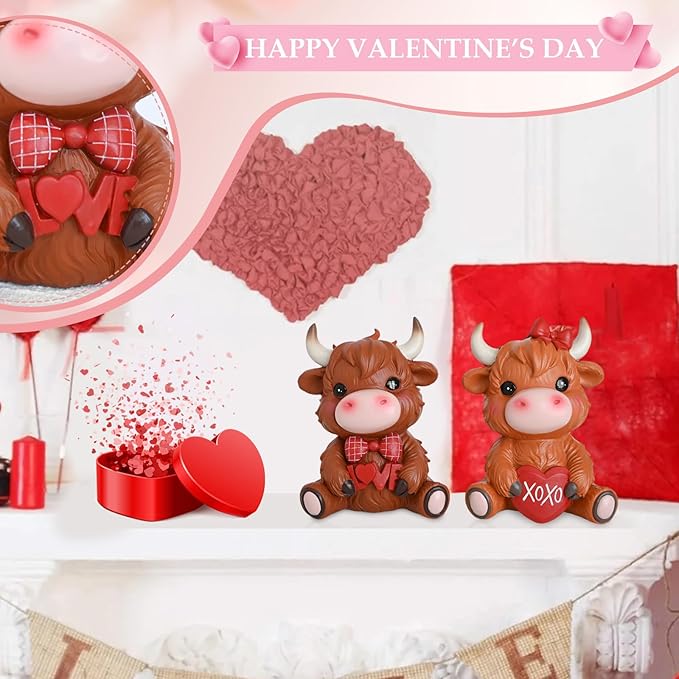 2PCS Valentines Highland Cow Figurine Valentines Day Gifts Valentines Day Decor Highland Cattle Love XOXO Highland Cow Gnomes Resin Figurine Statue Farmhouse Table Home Garden Decor