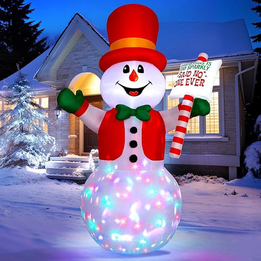 8ft Christmas Inflatable Outdoor Decoration Snowman, Gentleman Snowman Holding Sign Welcoming Guest, Built-in Rotating Disco Light, Blow Up Outside Decor for Xmas Holiday Lawn Yard Garden