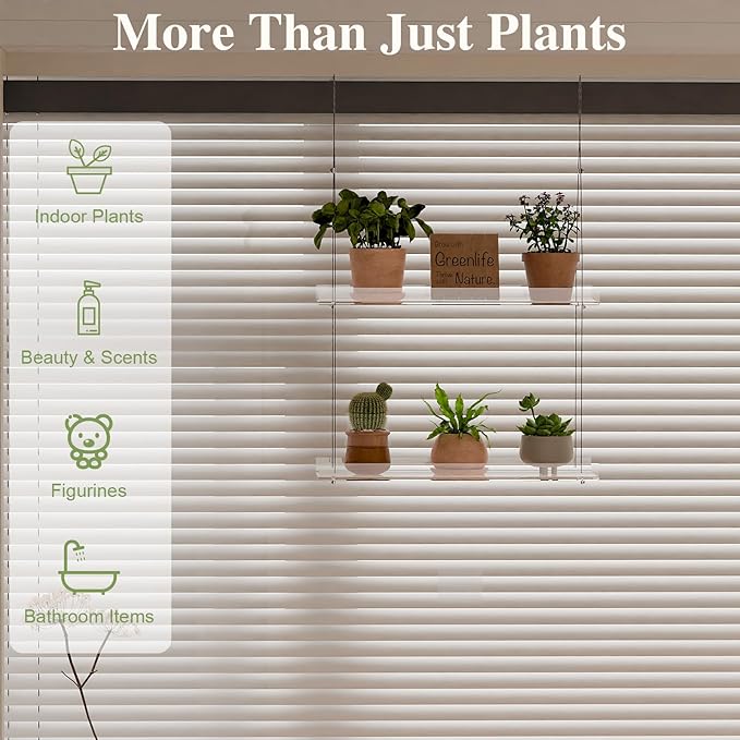 2-Tier Acrylic Window Plant Shelf, 16 Inch Wide Adjustable Hanging Shelf for Succulents, Seed Starters, Herbs, Microgreens