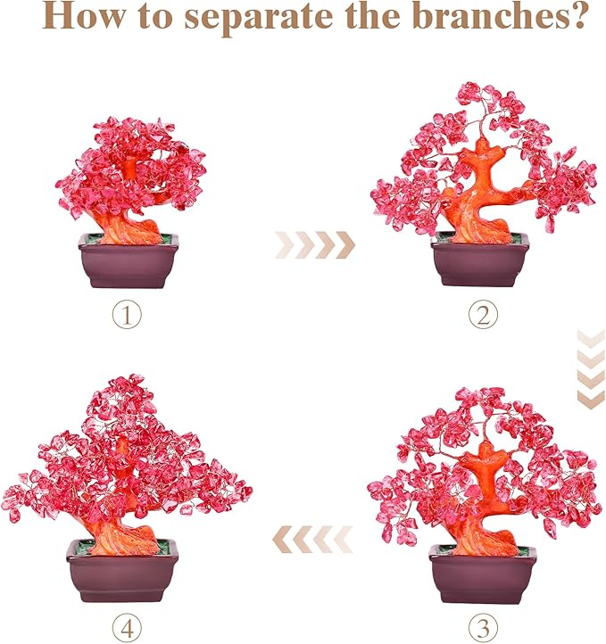 Feng Shui Quartz Crystal Money Tree Bonsai Style Decoration for Luck and Wealth (Red)