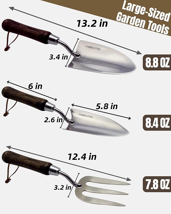 Garden Tool Set, 6PCS Heavy Duty Stainless Steel Gardening Hand Tools with Ropes, Includes Trowel, Transplanter, 2-in-1 Hoe, Pruner & More, Ideal Gardening Gift for Man and Woman (Gift Box Packaging)