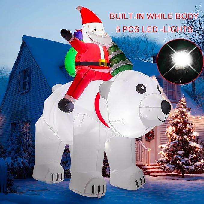 6.5 Ft Christmas Inflatable Polar Bear with Santa Claus and Christmas Tree, 5 Led Build-in LED Lights Blow up Xmas Inflatables Decoration for Yard Garden Lawn Holiday Party (Polar Bear)