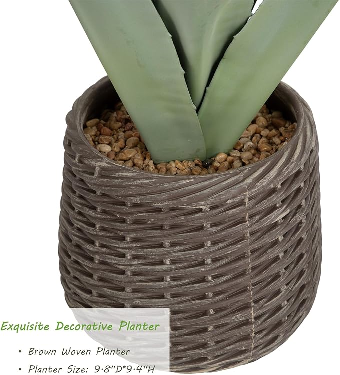 3ft UV Resistant Artificial Agave Plant in Brown Woven Planter,37" Faux Agave Plant Outdoor with Lifelike Leaves and Flowers for Front Porch Patio Living Room Pool Indoor & Outdoor Decor