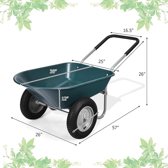 S AFSTAR 2 Wheels Wheelbarrow, Heavy Duty Garden Cart with Two 13-inch Pneumatic Tires, 330 lbs Capacity, Utility Cart for Outdoor Lawn Yard Farm Ranch (Green)