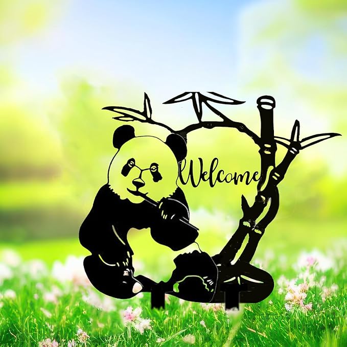 Panda Garden Decor for Outside Silhouette Statues Garden Stakes Outdoor Metal Animal Decorations Yard Art for Patio Lawn Ornaments Birthday Gift for Women Mom Men 13.78 * 11.81 inch / 35 * 30cm
