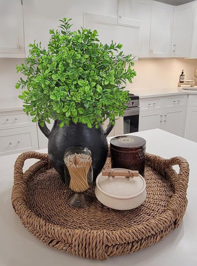 Artificial 5Pcs Faux Seeded Eucalyptus Leaves Stems Fake Plants Sharp UV Resistant Faux Plastic Boxwood for Kitchen Office Garden Porch Farmhouse Window Box Home Decor