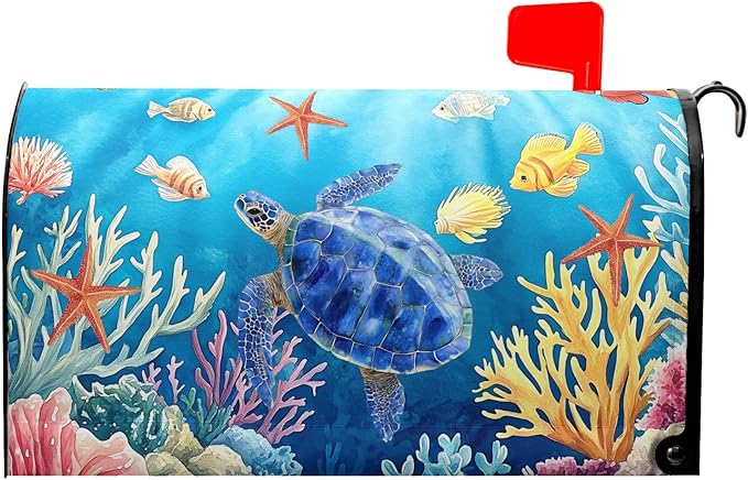 Sea Turtle Mailbox Cover Magnetic 21x18 Inch- Summer Ocean Blue Tortoise Starfish Coral Mailbox Wrap Post Cover Standard Size for Garden Yard Outdoor Outside Seasonal Decor