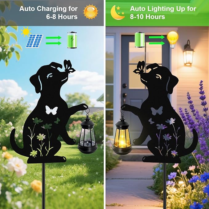 Solar Lights Outdoor Stakes, Metal Dog Solar Lights, Christmas Birthday Gifts for Women Mom Grandma, Waterproof Hanging Lantern Garden Ornaments Decor Outside Backyard, Yard Art, Patio, Pathway
