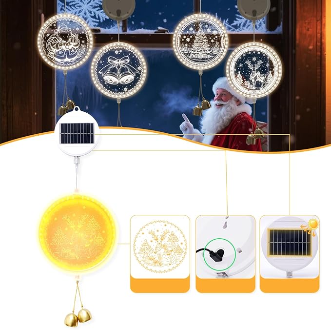 Solar Hanging Lights - Outdoor Indoor Christmas Decorations for Window, Garden, Patio, Porch,Holiday Home Decor, (Reindeer)