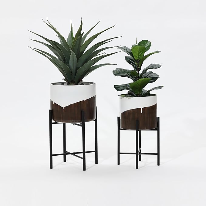 LuxenHome Modern Planter Pots, Set of 2 Planters for Indoor Plants, White and Brown Large Planters with Black Metal Stand, Flower Pots for Living Room, Office, Garden or Balcony, 10.25 & 12.5 Inch