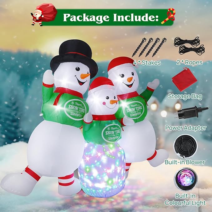 6.5FT Christmas Inflatable Snowman Decorations - Blow Up Christmas Outdoor Snowman Family with Rotating Colorful LED Light & Top Hat, Xmas Inflatable Decor for Yard Lawn Garden Holiday Party