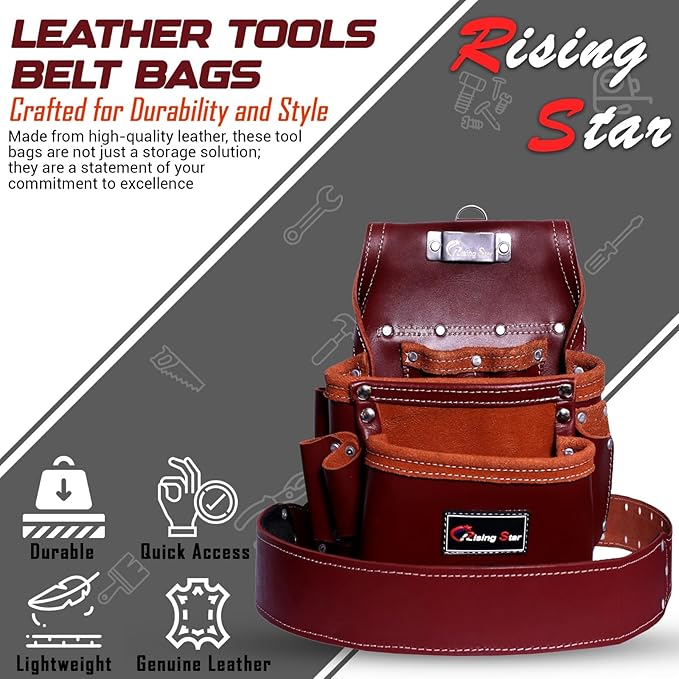 RISING STAR WEARS18 POCKETS MAROON CRAFTSMAN’S COMPANION: LEATHER TOOL BELT/BAGS/POUCHES WITH BACK SUPPORT FIELD WORKER