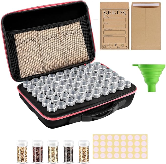 60 Slot Seed Organizer Storage Box with 10PCS Seed Envelopes, Sturdy Plastic Storage Containers, Label Stickers, Funnel for Flower, Vegetable Plants Garden