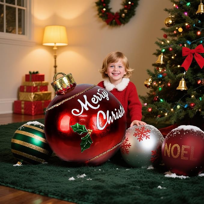 32 Inch Giant PVC Christmas Decorated Ball Inflatable Outdoor Holiday Yard Decorations Yard Decorations Outdoor Decorations for Decor(1 Pcs) (red Balloon)