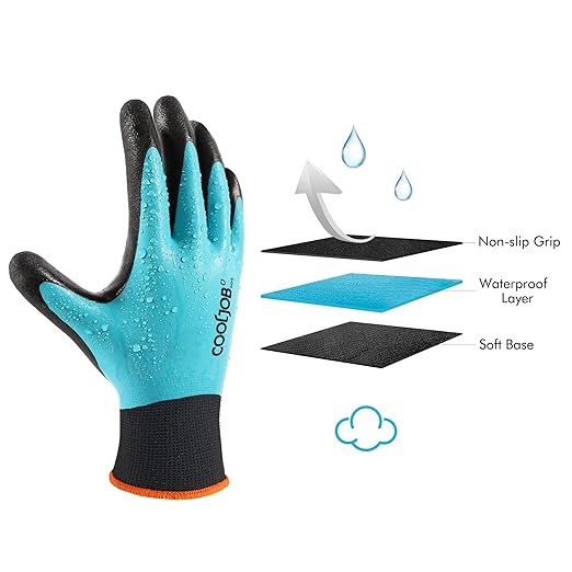COOLJOB Waterproof Gardening Work Gloves with grip for Women & Men, Double Rubber Coated for Garden Yard Outdoor Construction Worker, Blue Large Size 2 Pairs