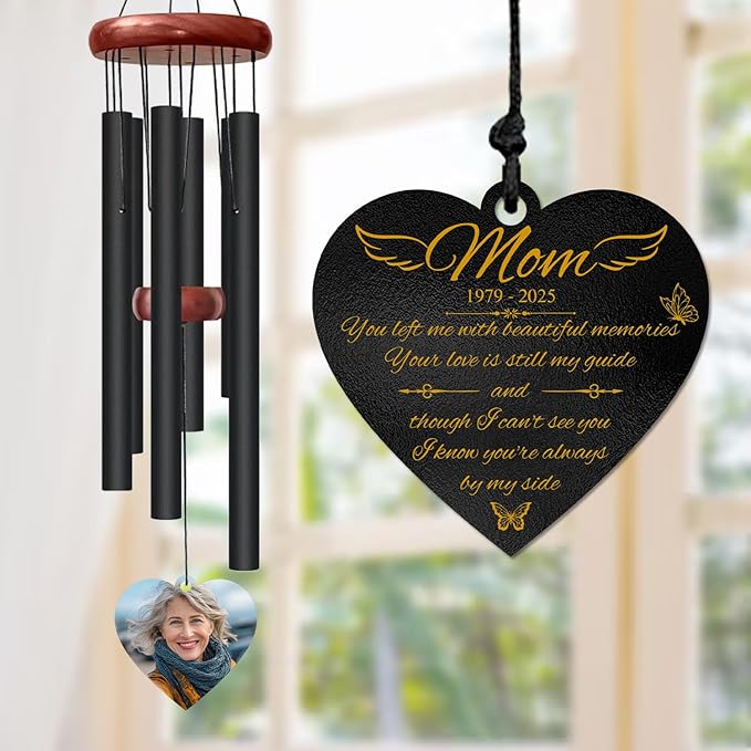 Personalized Mom Memorial Wind Chime – “You Left Me with Beautiful Memories” Custom Name & Years – Heart Shaped Angel Wing Sympathy Gift – Outdoor Remembrance Windchime for Loss of Mother or Wife