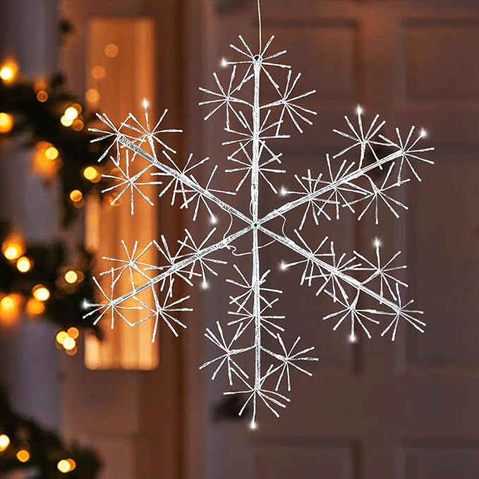 Hanging Christmas Snowflake Lights, 30’’ Large Silver Snowflake with 240 Cool White LEDs Twinkle for Indoor Outdoor Decorations