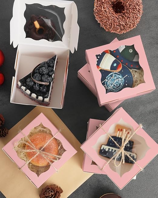 qiqee Pink Bakery Box with Window 4x4x2.5 inch 30Packs Macaron Boxes Small Donut Pastry Boxes for Party Mini Cookie Boxes