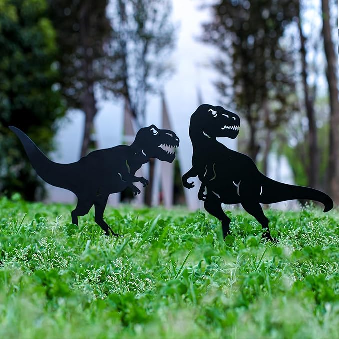 Dinosaur Metal Garden Stakes - Gifts for Women/Men/Lovers, Black Silhouette Statues, Outdoor Decor for Yard, Lawn Ornaments