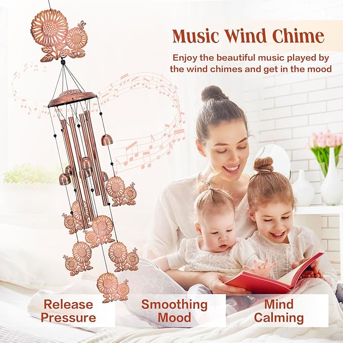 Sunflower Wind Chimes Outdoor Sunflower Gifts for Women Mom Men Dad Unique Birthday Gifts Metal Flower WindChimes for Outside/Indoors, Patio, Lawn, Yard, Home Decor, Outdoor Decor, Garden Decoration