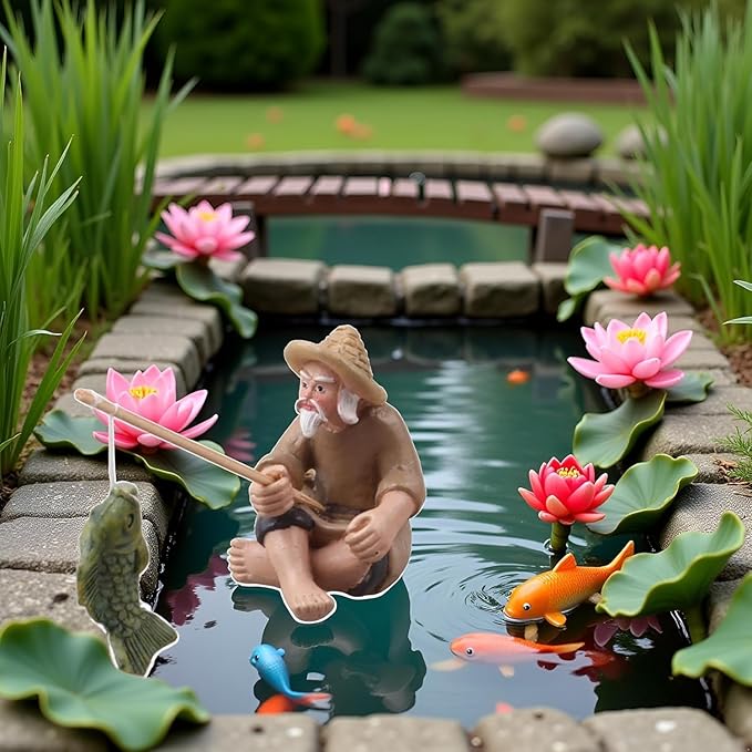 2Pcs Miniature Fisherman Figurine, Chinese Mudman Sitting Garden Statue, Outdoor Ornament Decor