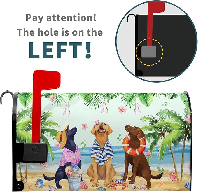 Summer Dogs Magnetic Mailbox Cover 25.5x21Inch Funny Tropical Beach Coastal Puppy Waterproof Mailbox Wrap Letter Post Cover Large Size for Garden Yard Outdoor Season Outside Decor
