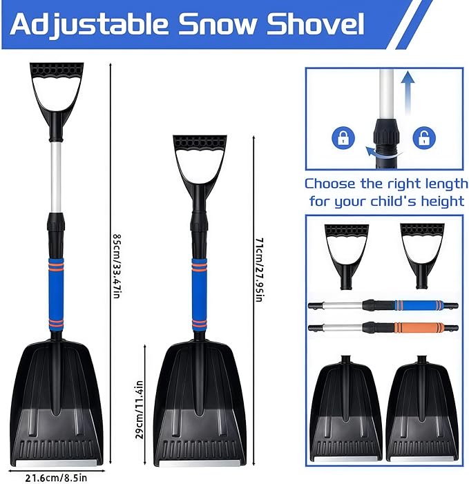 2 Pack Kids Snow Shovel, Lightweight Aluminum Snow Shovels with Adjustable D-Grip Handle, Detachable Parent-Child Playing Snow Removal Winter Emergency Tools Ice Shovel for Cars Driveway Garden