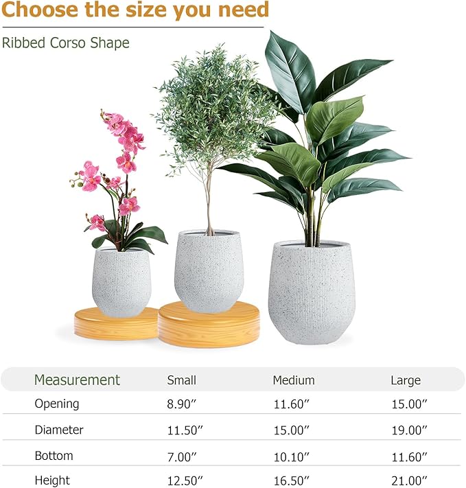 12.5"H x 11.5"D Ribbed Corso Fiberstone Round Planter, Christmas Tree Planter, Weather Resistant for Indoor & Outdoor Use, Included 2 Extra Coco Mats (Ribbed Speckled White, 9" Pot Opening)