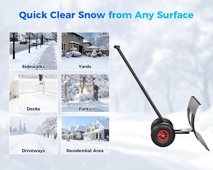 Garvee 29" Snow Pusher Shovel with Wheels,Heavy Duty Steel Snow Shovel with Wheels,Angled Blade Efficient Snow Removal With5-Position Angled Blade & Adjustable Handle for Doorway, Sidewalk,Black