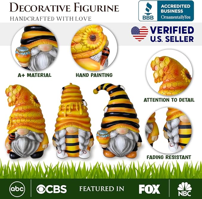 OrnamentallyYou Spring & Summer-Themed Garden Statues – Adorable Outdoor Decor for Lawn, Patio & Porch (Buzzy Trio Set of Three Bumble Bee Gnome Figurines, 6" Tiered Tray Home or Garden Decoration)