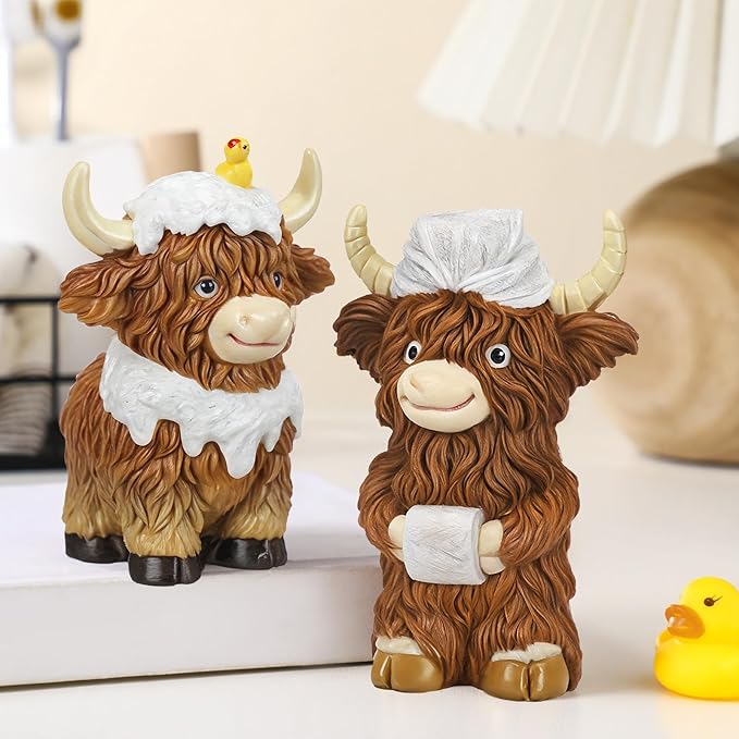 2 Pcs Highland Cow Bathroom Figurines Bathroom Theme Highland Cow Christmas Gnomes Bath Resin Statue Calf Gifts for Christmas Farmhouse Home Garden Kitchen Office Tiered Tray Table Decor