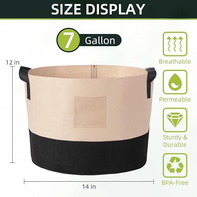 LITLANDSTAR 7 Gallon Fabric Grow Bags, 10 Pack Heavy Duty Thickened Nonwoven Plant Grow Bags with Handles and Label Bags, Fabric Plant Pots for Growing Vegetables Flowers Herbs (Black Mixed Camel)
