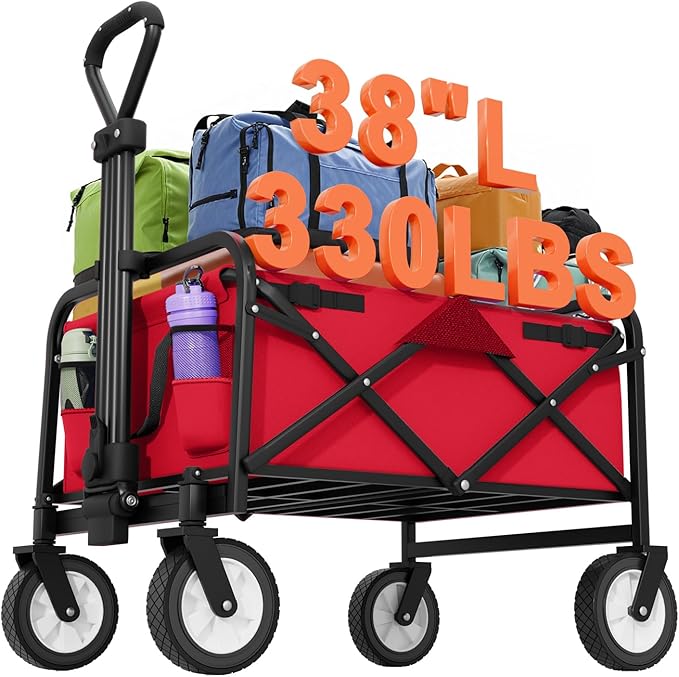 PayLessHere | Collapsible Wagon Cart with Wheels | Red | Heavy Duty Foldable Utility Cart with 330 lb Capacity | with All-Terrain Wheels & Adjustable Handle for Outdoor, Garden, Beach, Shopping