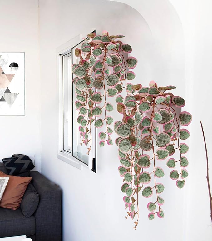 Briful Faux Hanging Plants 17'' Artificial String of Heart Vines with Semicircle Wall Mount Planter Fake Draping Plants for Home Office Room Shelf Wall Hanging Decor