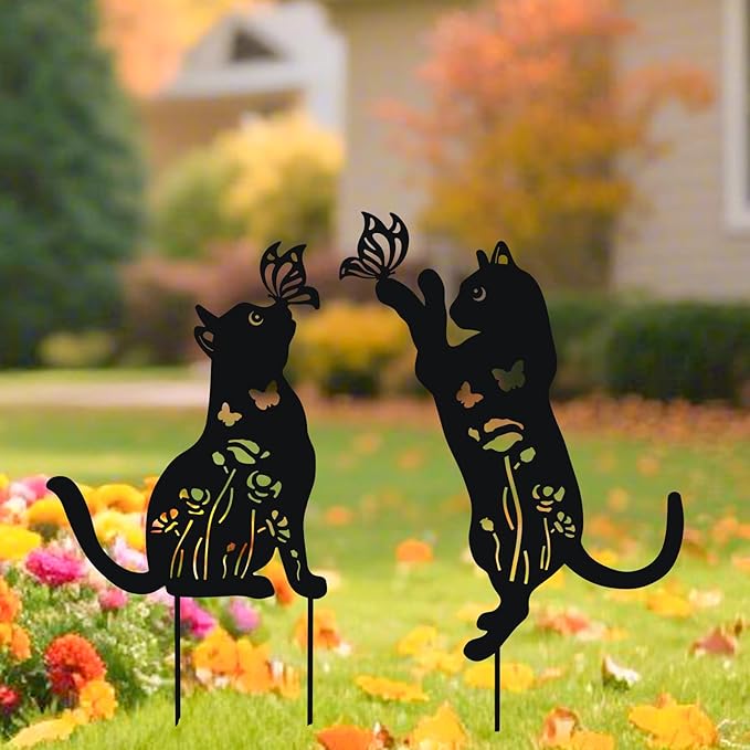 WONDER GARDEN Metal Cat Decor for Outside - 2 Pack Garden Stakes Decorative, Black Cat Silhouette Statues Lawn Ornaments Yard Art Patio Decor Women Men Mom Gifts