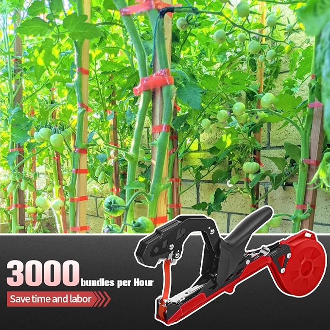 Professional Plant Tying Machine to Bind Tomatoes and Grapes Effortless Garden Tape Tool for Gardeners Farmers, Including Spare SK5 Blade, Garden Tapes and Staples, Red/Black