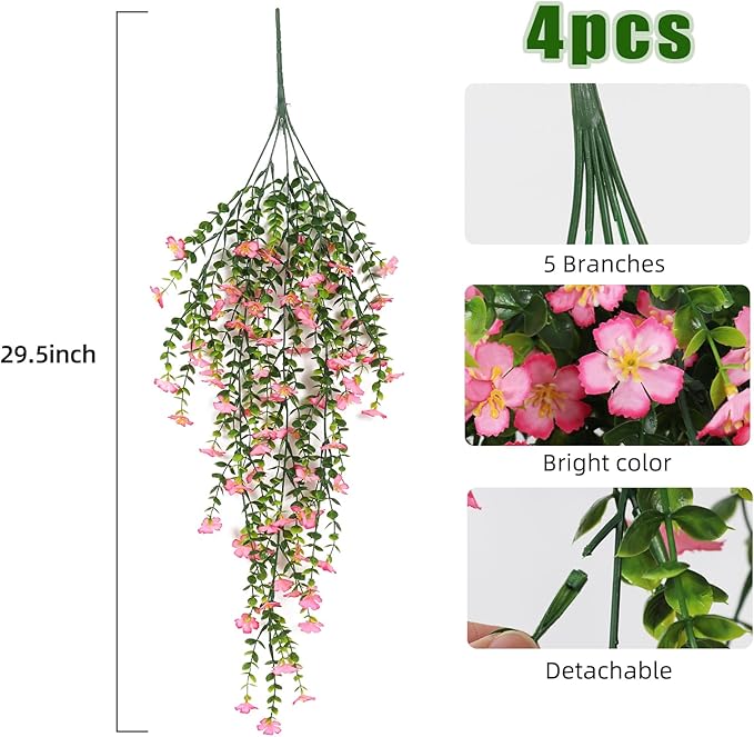 RECUTMS Artificial Hanging Flowers for Outdoors 4Pcs Faux Silk Daisy Plant with Eucalyptus Leaves UV Resistant Fake Flower Look Real for Home Garden Porch Patio Door (Pink)