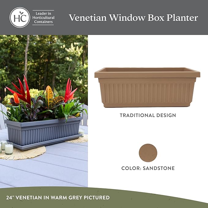 The HC Companies 30 Inch Venetian Window Planter Box with Drainage Plug, Lightweight UV-Resistant Plastic Outdoor Planters, 2-Pack Flower Box for Garden & Home Decor, Sandstone